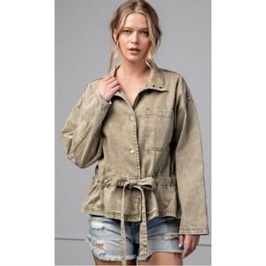 NWOT Ensel Stone Washed Marble Denim Green Jacket